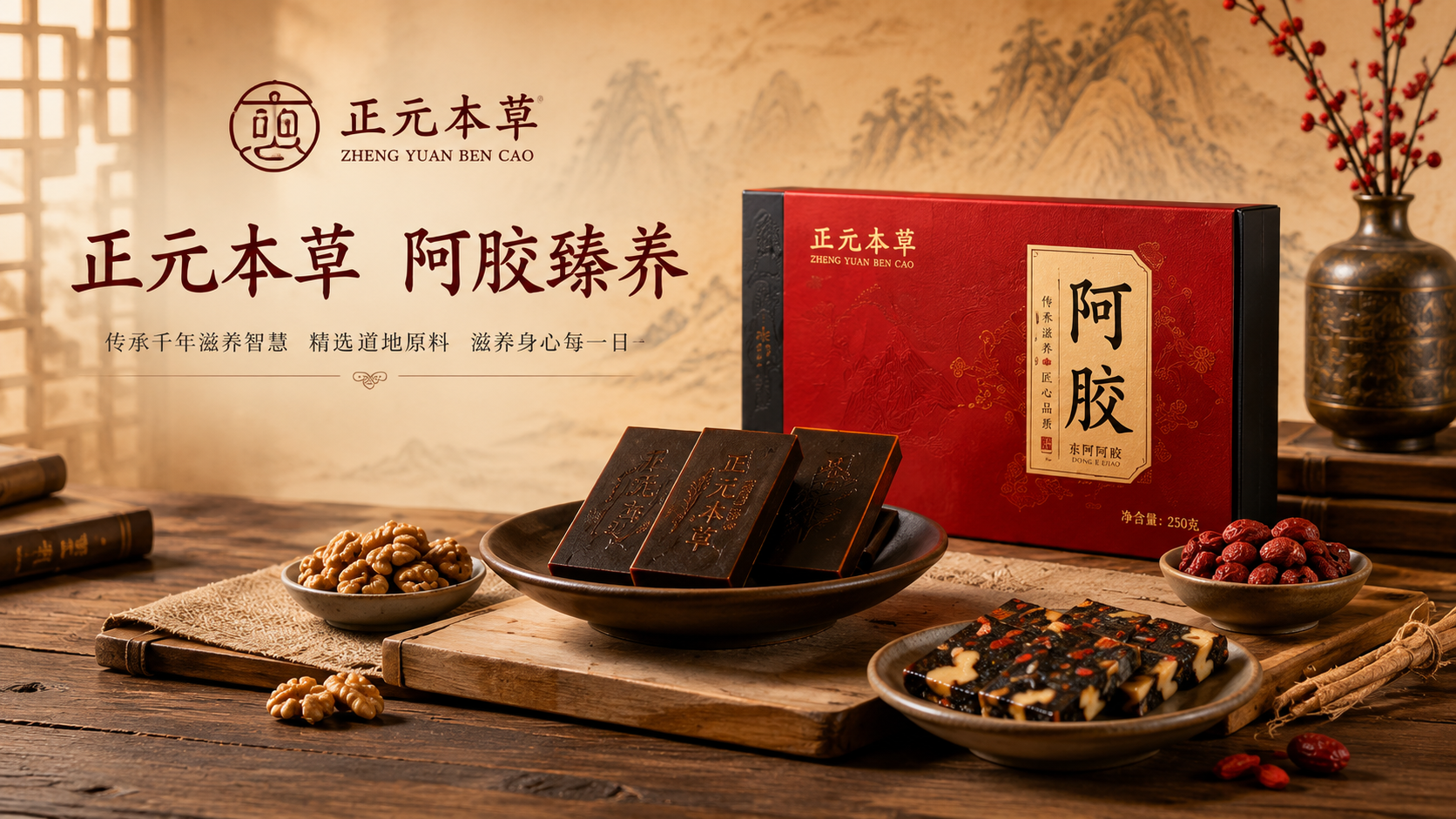 正元本草阿胶臻养产品与中式桌景